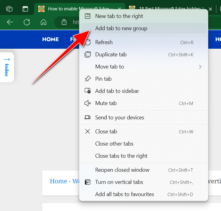 add tab to new group in Microsoft Edge Tab Groups