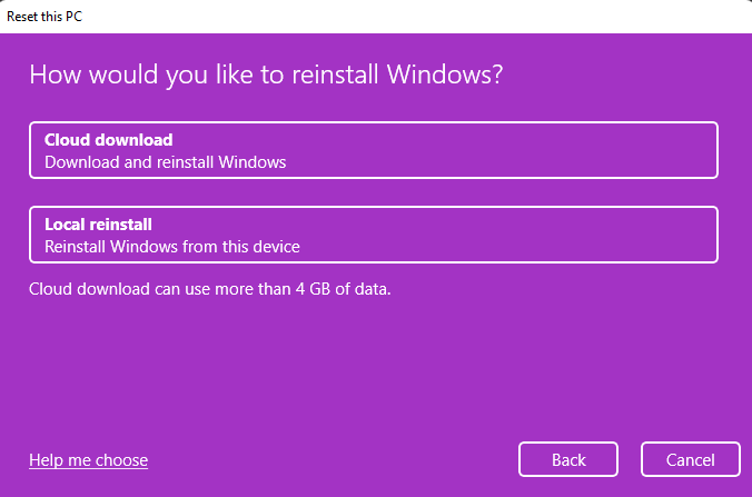 how would you like to reinstall windows - cloud or local