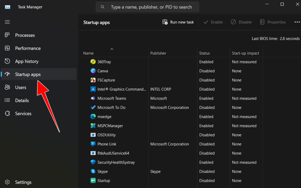 Startup apps in End task in windows 11