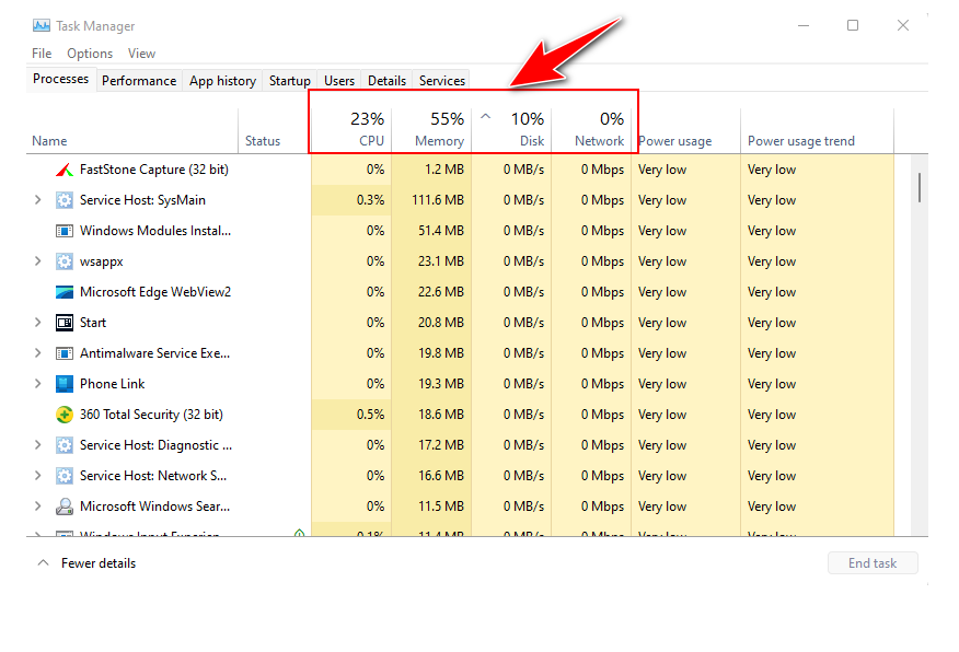 task manager CPU, memory and disk usage