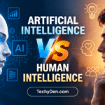 Artificial intelligence vs human intelligence comparison featuring a robot and human brain.