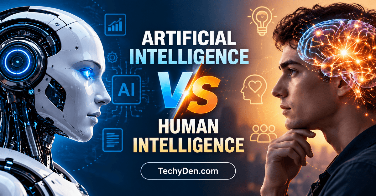 Artificial intelligence vs human intelligence comparison featuring a robot and human brain.