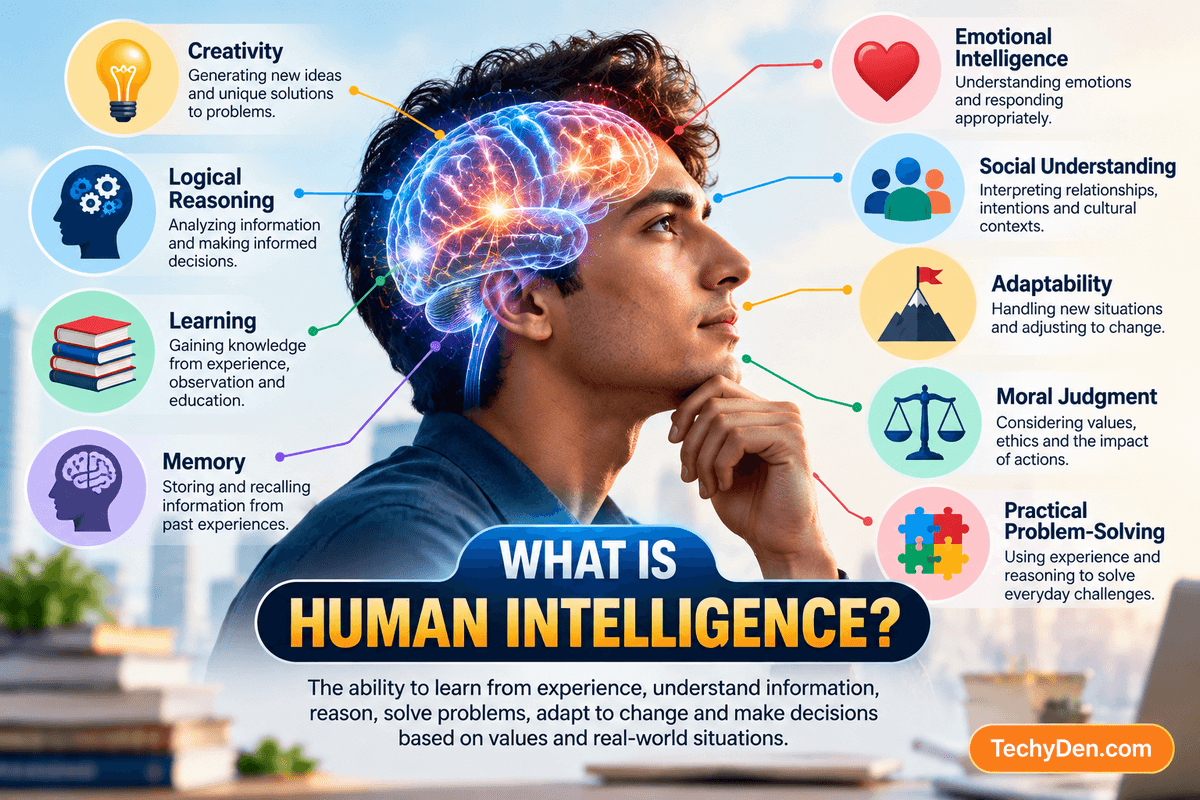 Human intelligence explained through creativity, logical reasoning, memory, emotional intelligence, social understanding, adaptability, and problem-solving — TechyDen.com.