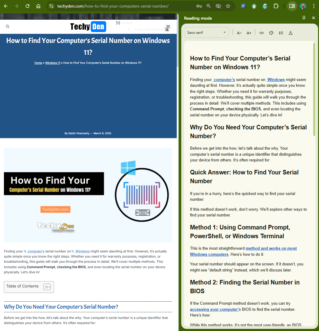 Reading mode screen in chrome desktop