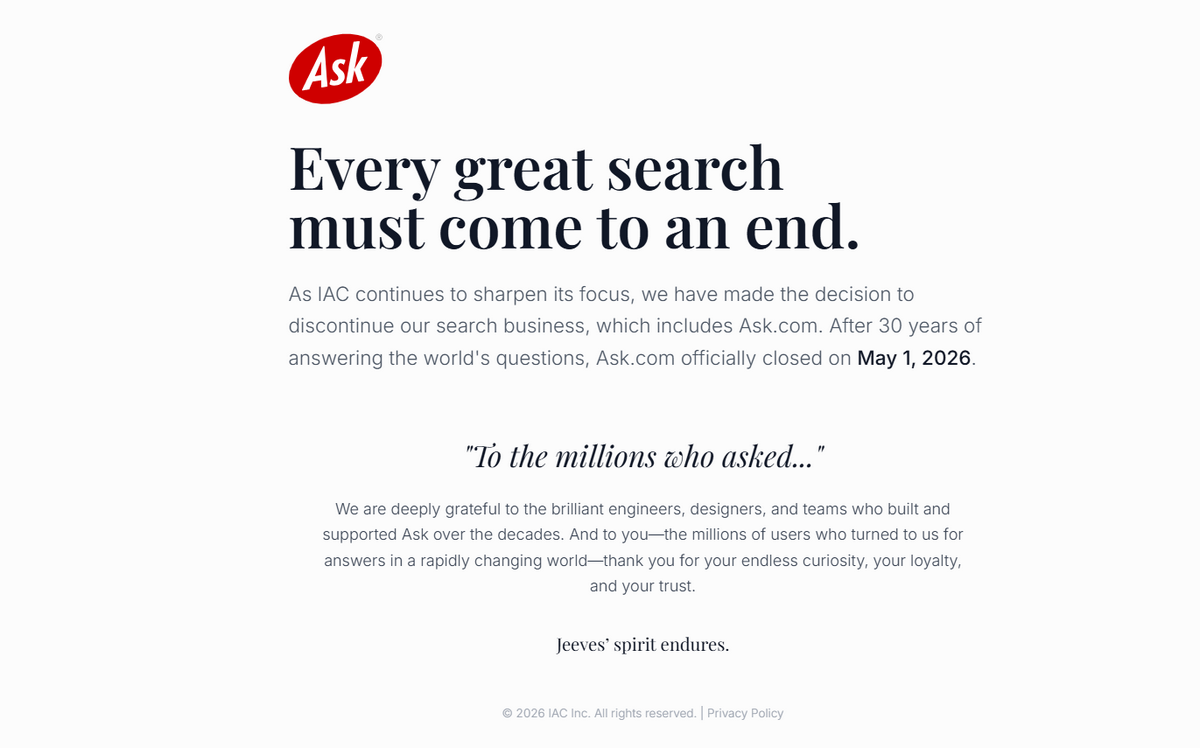 Ask.com search engine - closed