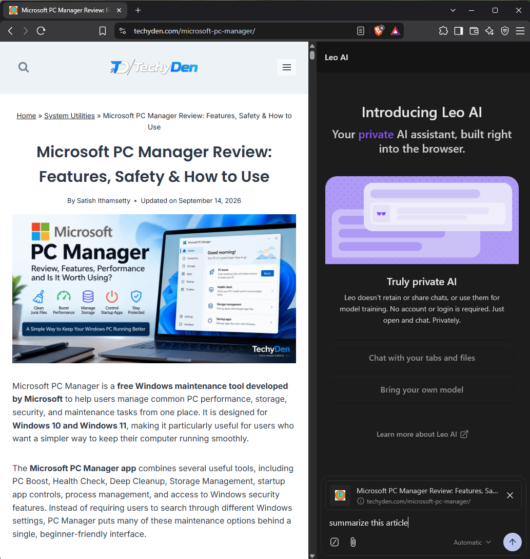 Brave Leo ai browser window