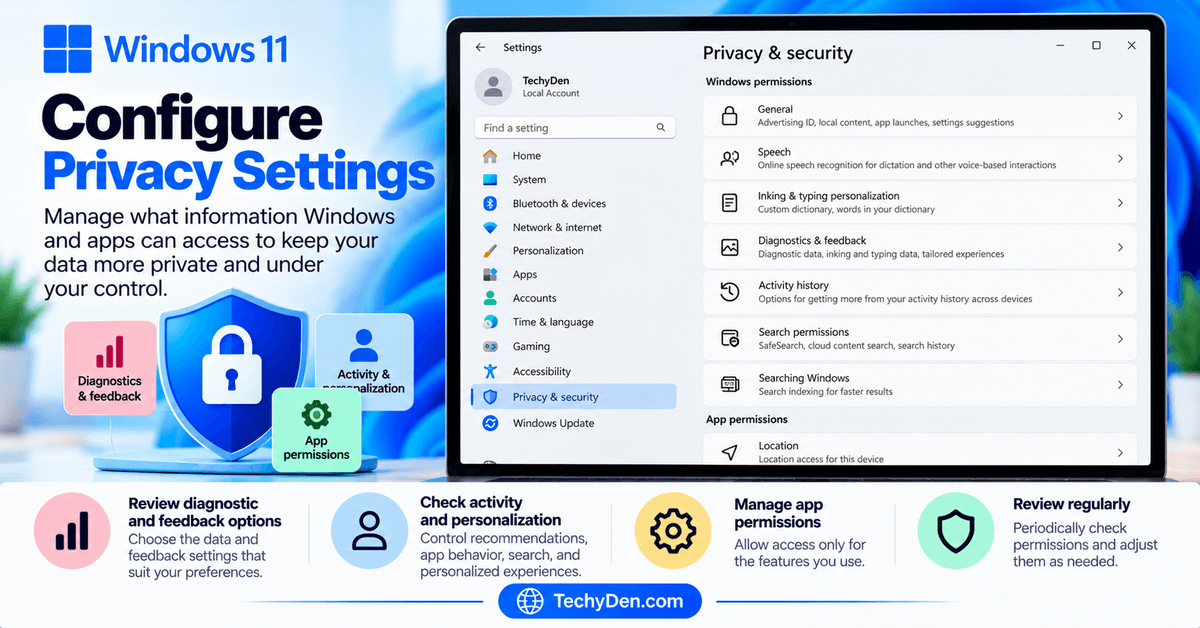 Windows 11 Privacy and Security settings showing diagnostic data, activity history, search permissions, and app permissions