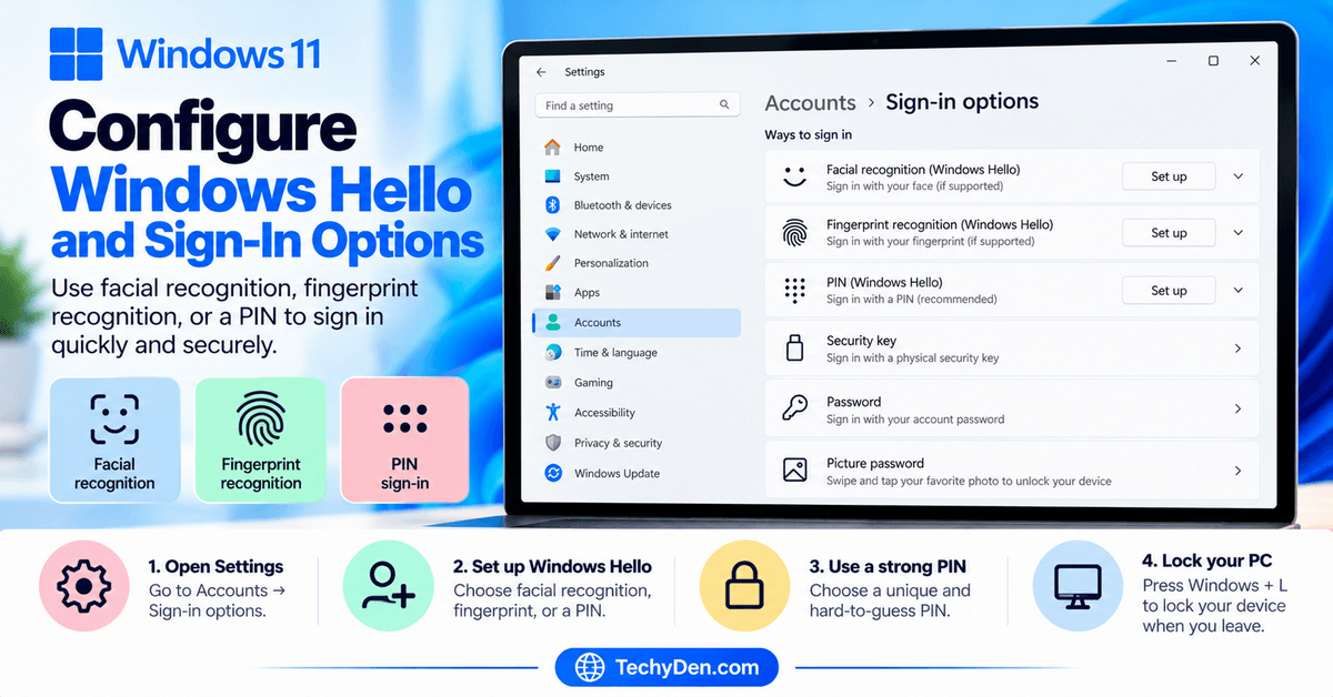 Windows 11 Sign-in options showing facial recognition, fingerprint recognition, and PIN setup