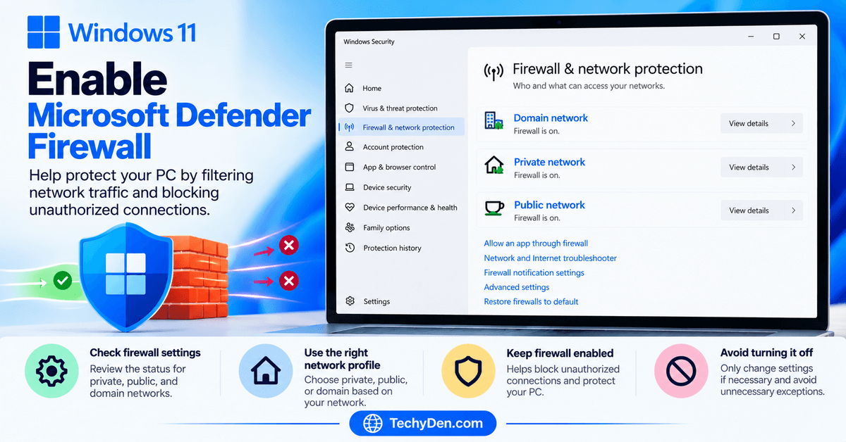 Windows 11 Firewall and network protection settings showing private, public, and domain network profiles