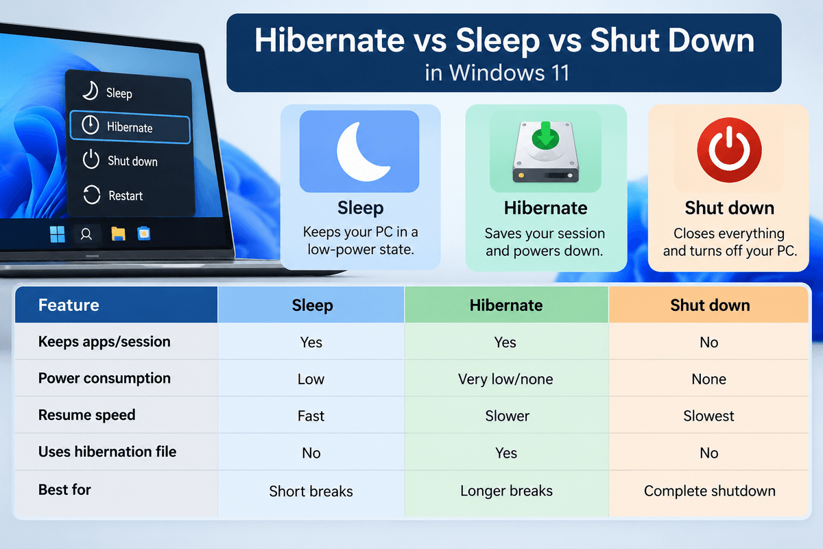 Hibernate vs Sleep vs Shut Down in Windows 11