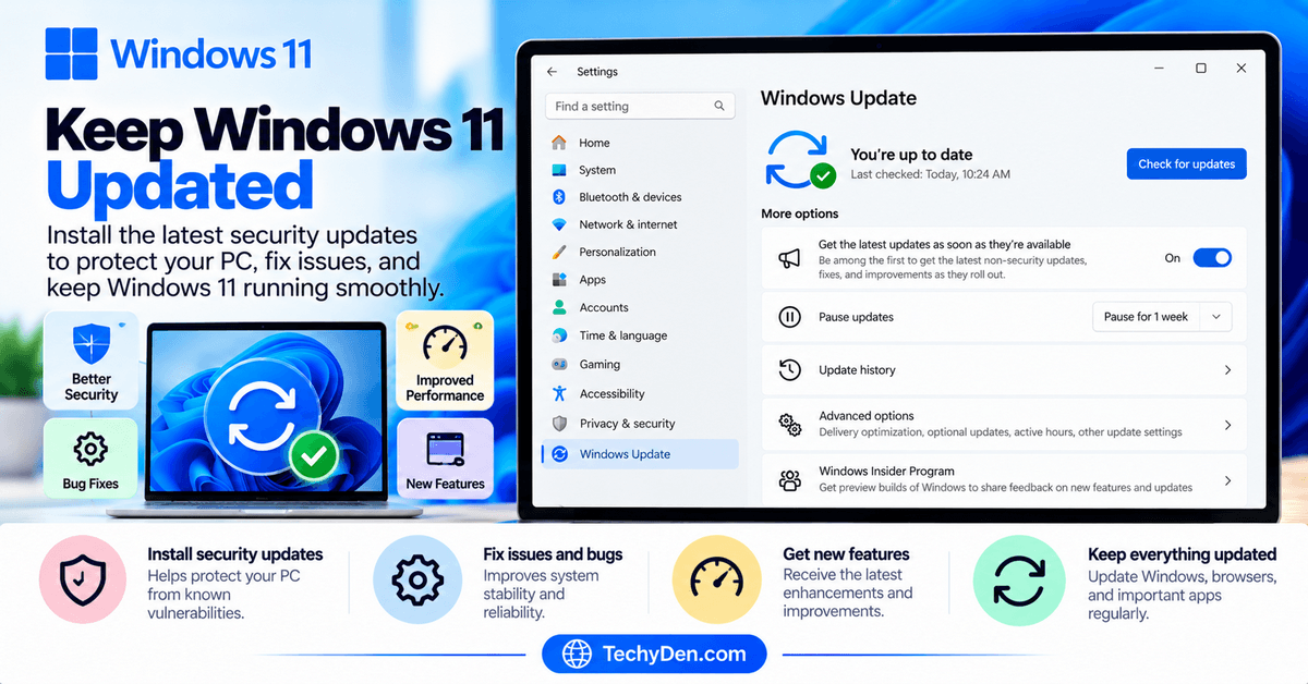 Windows 11 Windows Update settings showing the Check for updates button and update options