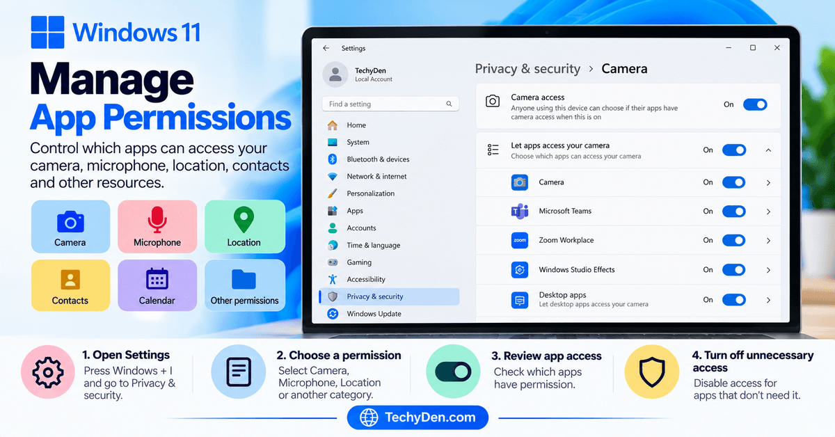 Windows 11 Privacy and Security settings showing camera access and app permission controls
