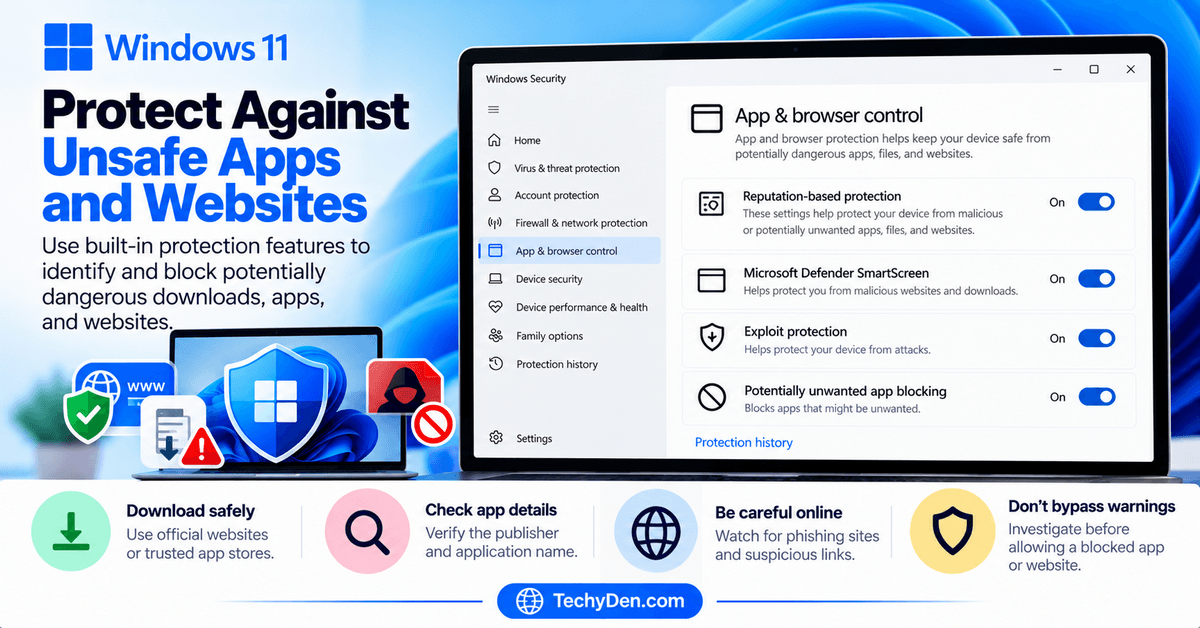 Windows 11 App and Browser Control settings with Microsoft Defender SmartScreen and reputation-based protection
