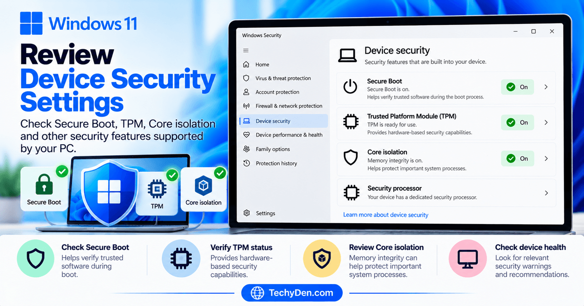 Windows 11 Device Security settings highlighting Secure Boot, TPM, and Core isolation