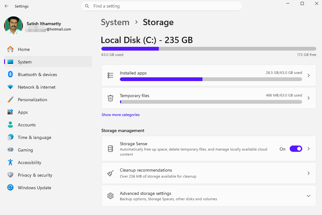 Storage in Windows 11 settings