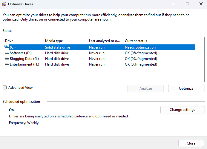 Windows 11 - optimize drives