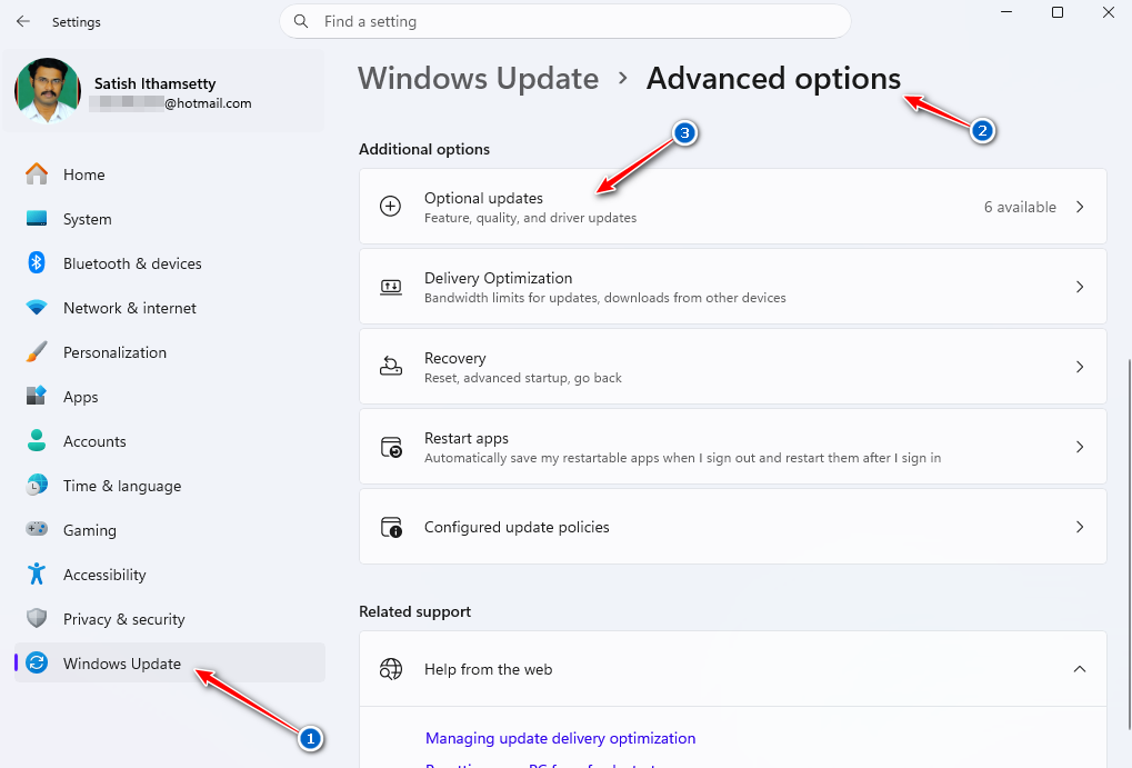 windows 11 update - advanced options
